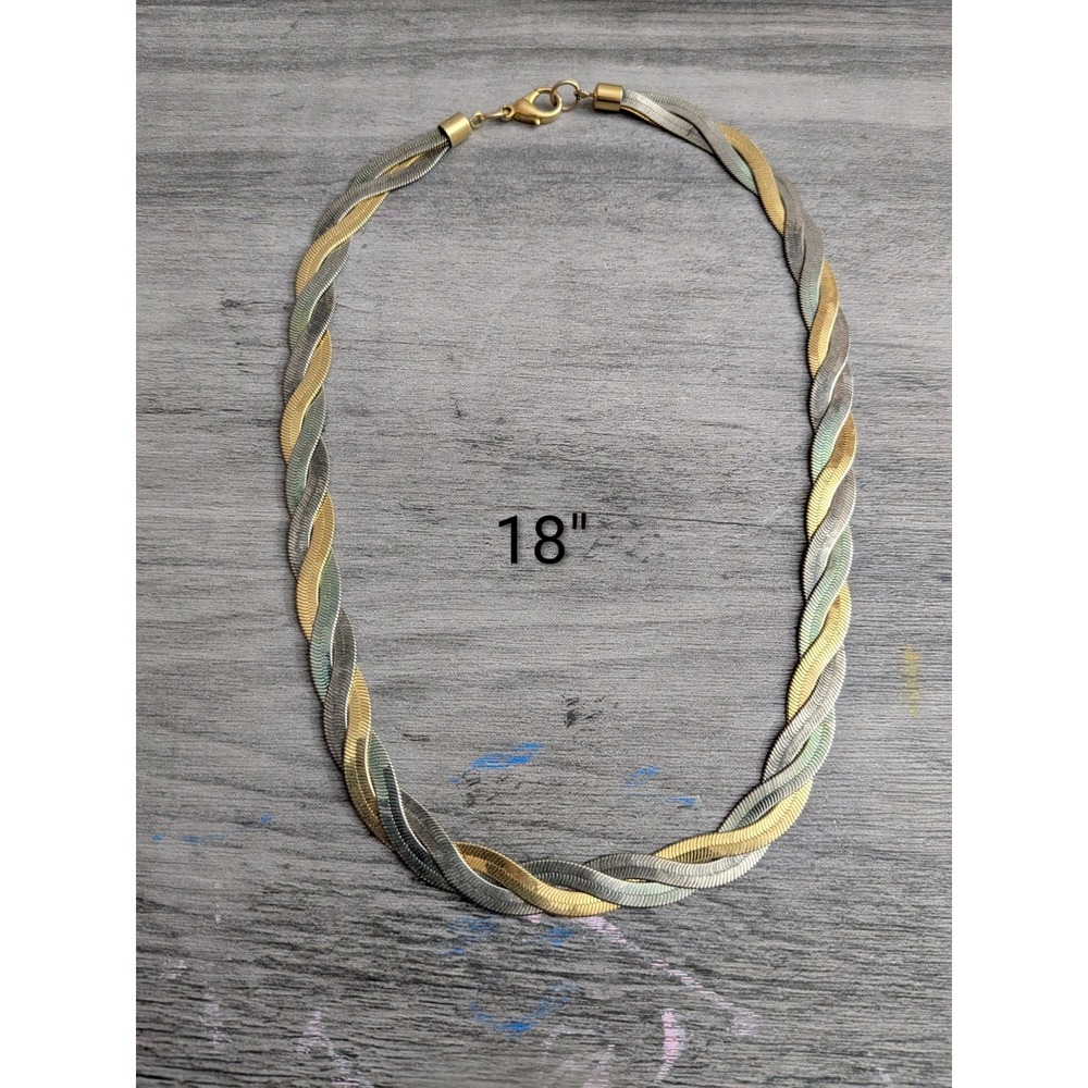 Vintage Tri Tone Braided Herringbone Necklace Gold Silver Gunmetal 18 Inch